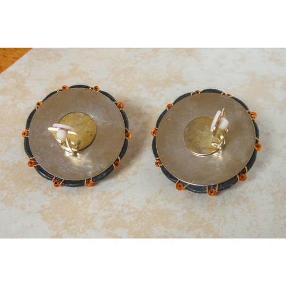 Vintage Black Velvet Clip On Earrings , Large Pink Rhinestone - Picture 6 of 7